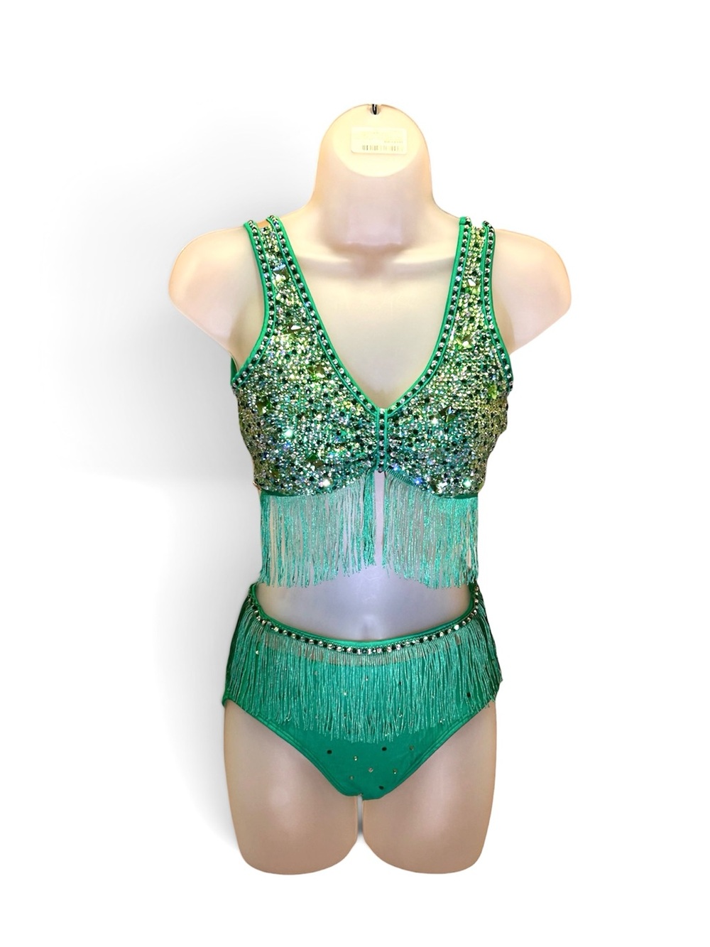 Green Sequin Fringe Two-Piece Custom Dance Costume Medium